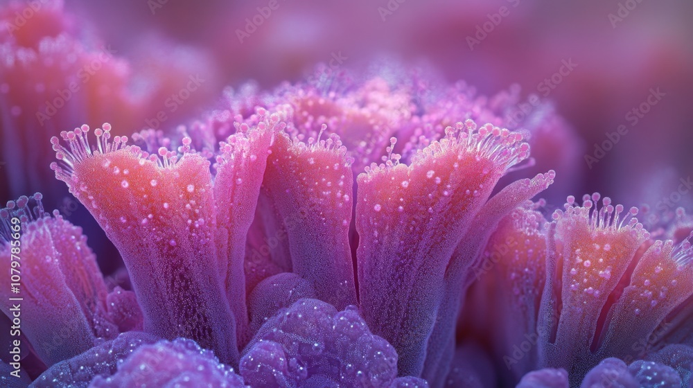 Vibrant pink and purple flowers with sparkling dew drops Vibrant pink and purple flowers with sparkling dew drops