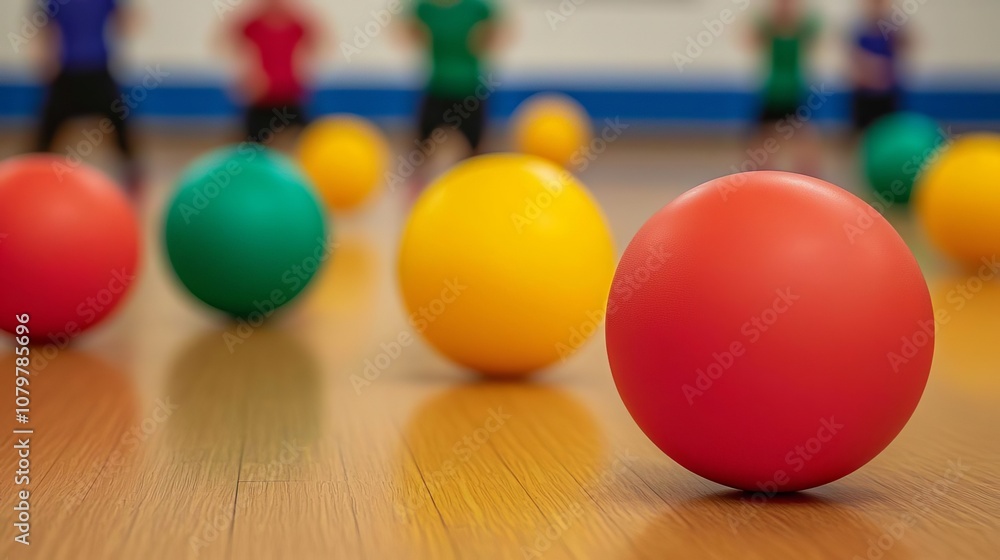 Dodgeball Game in PE Class, showing students moving strategically across the gym floor, facing forward, with bright lighting and colorful gym balls to evoke excitement and energy