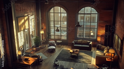 Cozy and inviting loft apartment with exposed brick walls, large windows, and rustic furniture