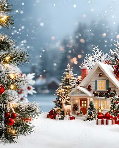Charming Christmas or New Year and winter scene with festive decorations.
