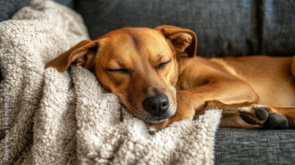 A dog is sleeping peacefully on a blanket. Perfect for illustrating themes of rest, relaxation, and pet companionship. A dog is sleeping peacefully on a blanket. Perfect for illustrating themes of rest, relaxation, and pet companionship.