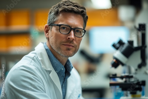 Confident Male Scientist in Lab Coat Looking at Camera