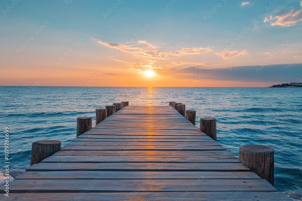 Obraz premium Wooden pier extending into the sea at sunset.