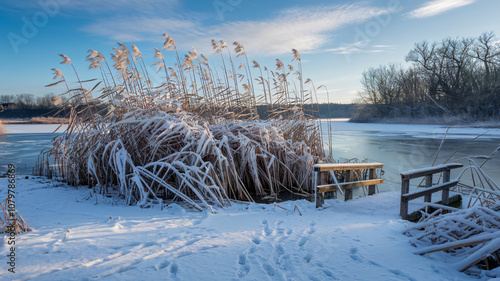 Serene Winter Landscape with Snow-Covered Reeds by a Frozen Lake