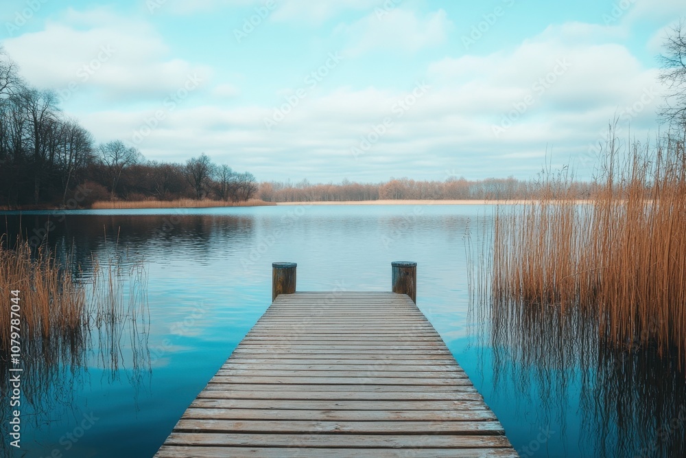 Wooden pier extending over a calm lake with a forest in the background. Wooden pier extending over a calm lake with a forest in the background.