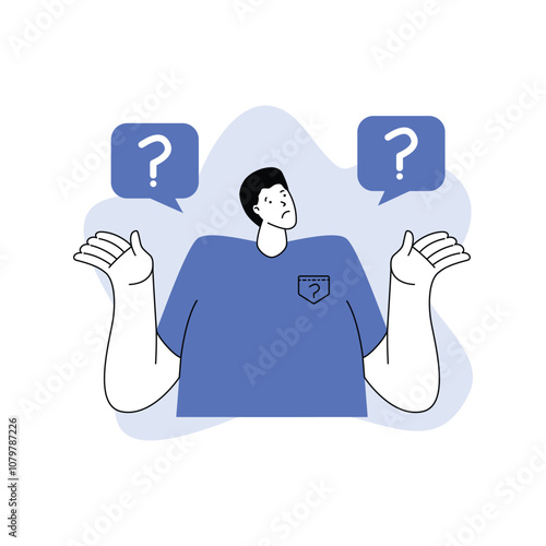 A flat vector illustration of a man shrugging and question marks around, expressing confusion or helplessness. Ideal for educational, business, or problem-solving visuals.