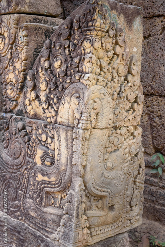 Bas-relief Sculpture at Banteay Srei temple Siem Reap, Cambodia.