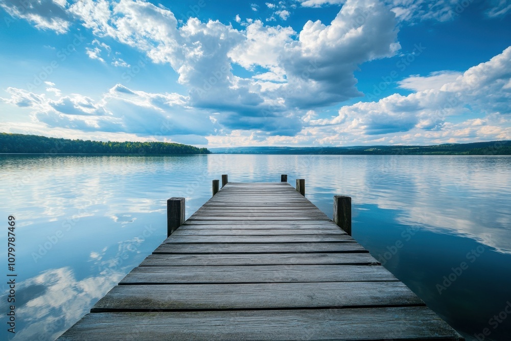 Fototapeta premium Wooden pier leading out into a calm lake with blue sky and white clouds.