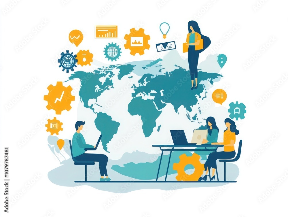 On the white vector illustration, a startup team of four people sits at a table covered with a world map. Created by AI. On the white vector illustration, a startup team of four people sits at a table covered with a world map. Created by AI.