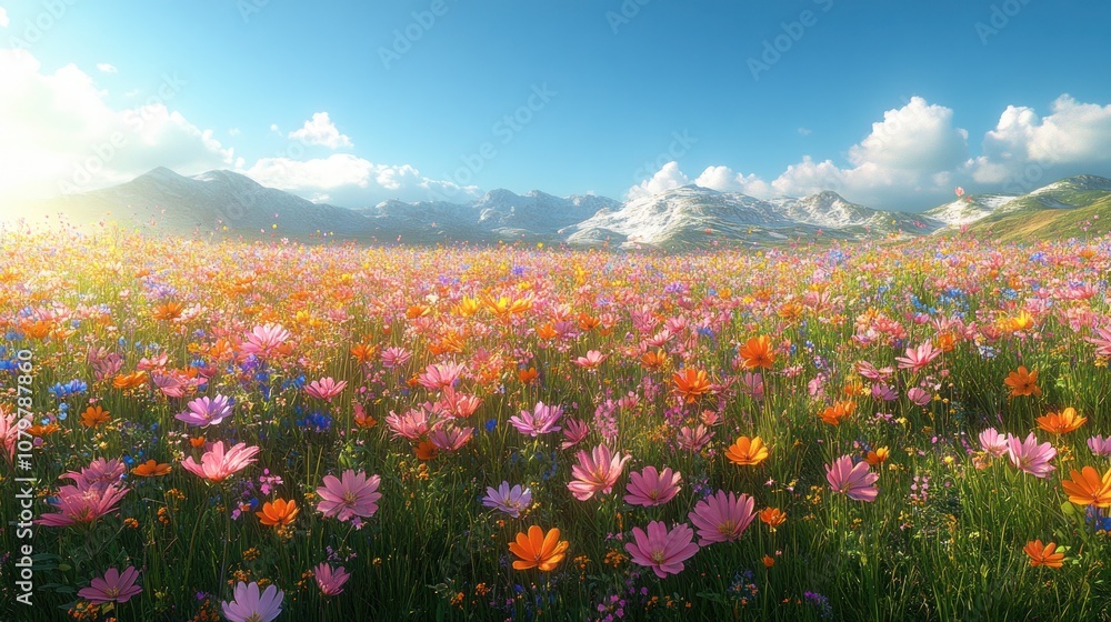 A vibrant flower field with mountains under a blue sky. A vibrant flower field with mountains under a blue sky.