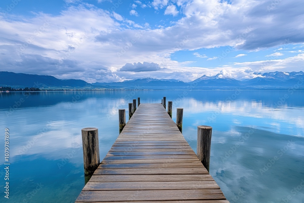 Wooden pier leading to calm lake with mountain reflection. Wooden pier leading to calm lake with mountain reflection.