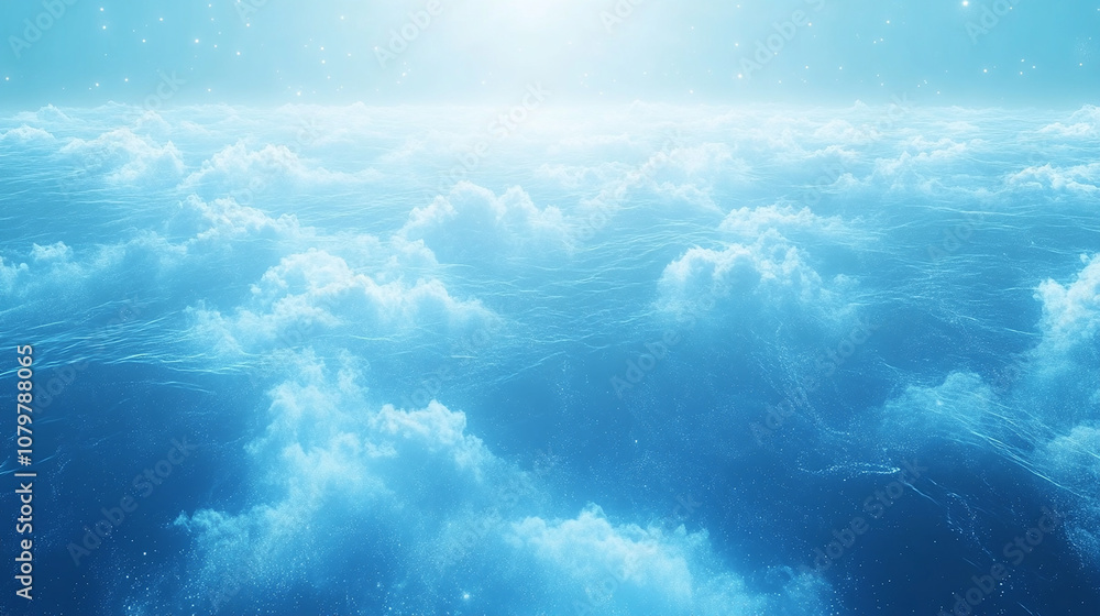 Aerial view of a bright blue sky with white clouds and the sun shining through. Aerial view of a bright blue sky with white clouds and the sun shining through.