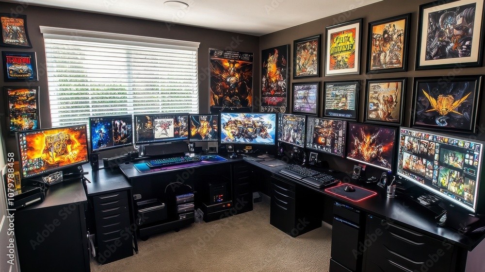 Ultimate Gaming Setup with Multiple Screens and Artwork in Modern Room Ultimate Gaming Setup with Multiple Screens and Artwork in Modern Room