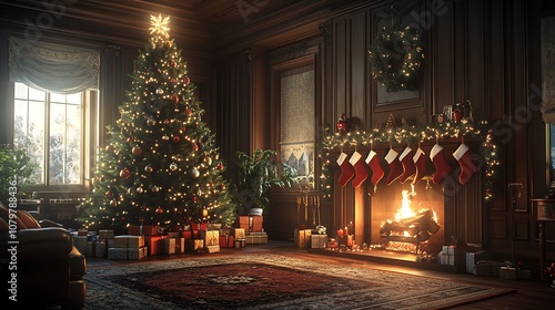 Wallpaper Mural Warm and inviting Christmas living room, large traditional tree with sparkling ornaments, stockings hanging from the mantel, soft fairy lights casting a gentle glow, Torontodigital.ca