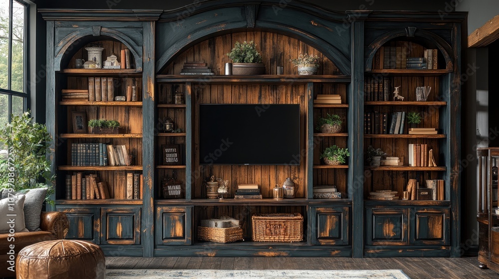 Rustic wooden bookshelf with a TV and decorative plants. Rustic wooden bookshelf with a TV and decorative plants.