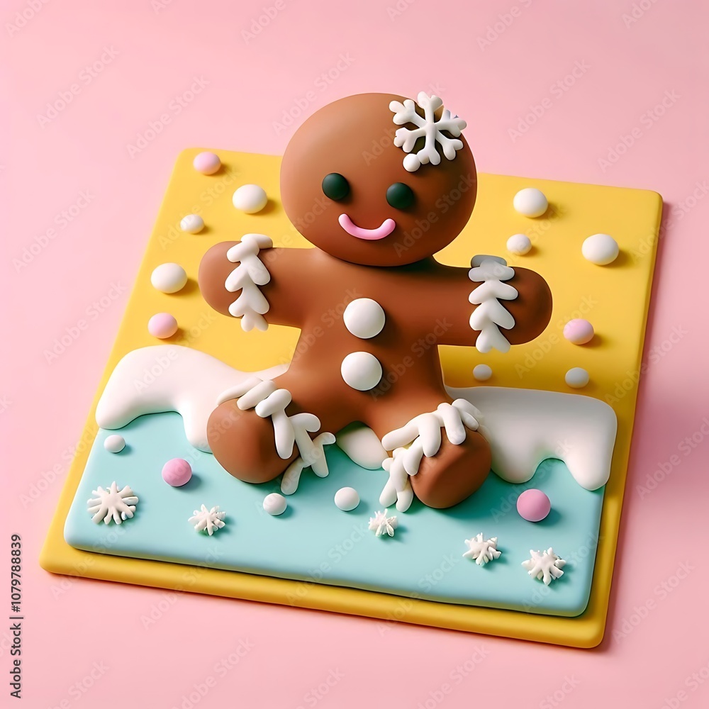 Naklejka premium A playful 3D clay render of a gingerbread man, digital render. 3D Render Illustration. 