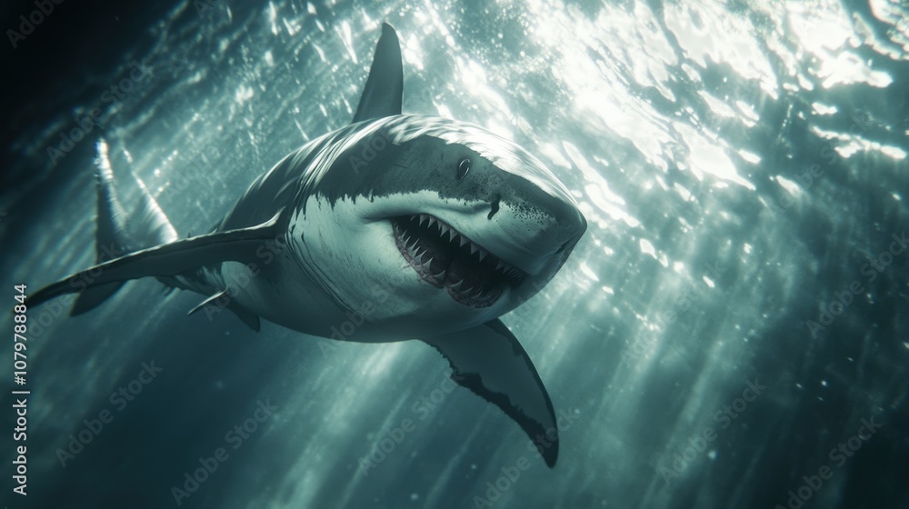 Fototapeta premium Menacing great white shark swimming in the deep blue ocean