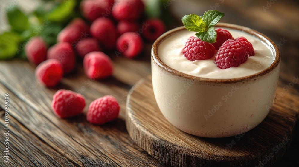 Bowl of creamy yogurt topped with fresh raspberries and mint leaves on a wooden table. Bowl of creamy yogurt topped with fresh raspberries and mint leaves on a wooden table.