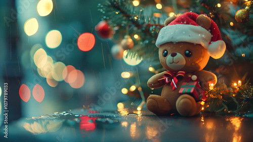 Cute Teddy Bear with Santa Hat by Festive Christmas Tree