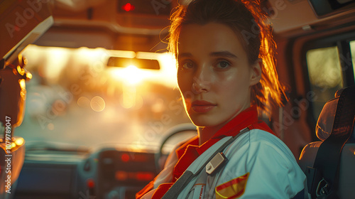 Paramedic in Ambulance During Golden Hour