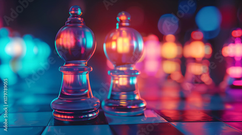 Colorful Chess Game with Glass Pieces on Chessboard