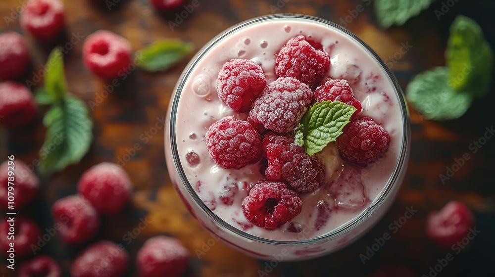 Close-up of a glass of yogurt topped with fresh raspberries and mint leaves on a wooden surface. Close-up of a glass of yogurt topped with fresh raspberries and mint leaves on a wooden surface.