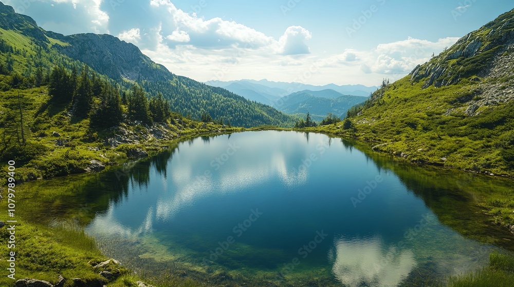 A Tranquil Mountain Lake Nestled Between Lush Slopes A Tranquil Mountain Lake Nestled Between Lush Slopes