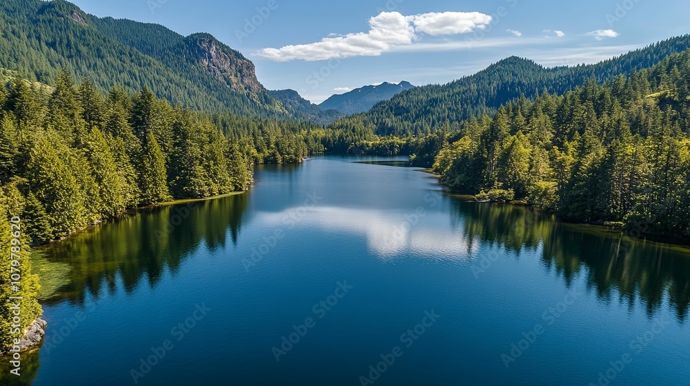 A Serene Lake Nestled Amidst Lush Evergreen Forests and Mountain Peaks A Serene Lake Nestled Amidst Lush Evergreen Forests and Mountain Peaks