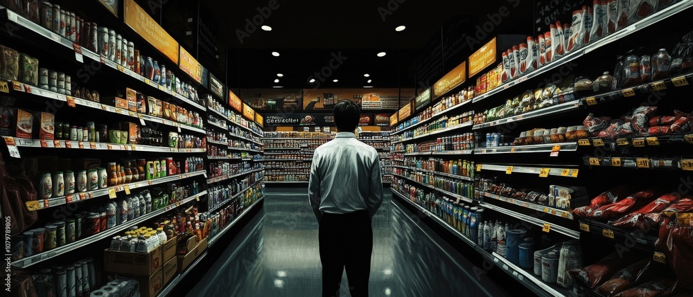 person walking down a grocery store aisle surrounded by shelves of products person walking down a grocery store aisle surrounded by shelves of products