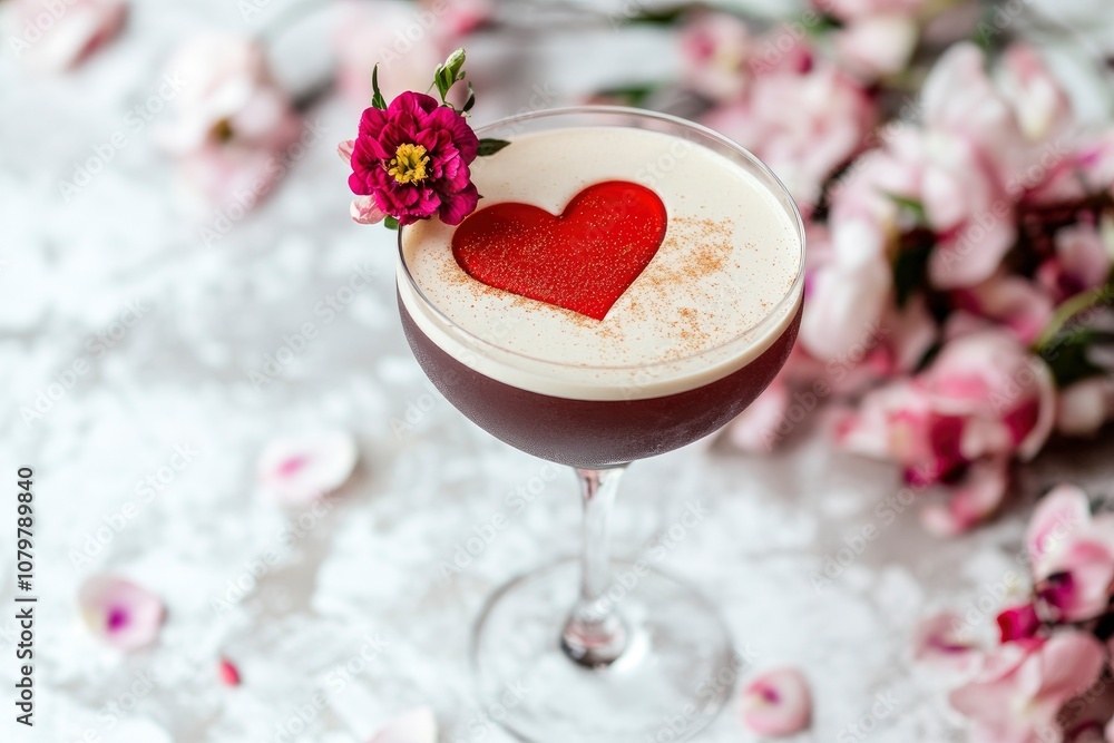 Valentine's day festive cocktail with flowers red heart on a festive white background with generative ai Valentine's day festive cocktail with flowers red heart on a festive white background with generative ai
