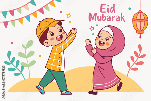  Eid Mubarak with vibrant color boy and girl cartoon character and illustration