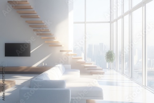 Bright and airy modern living room with floating staircase and panoramic city view