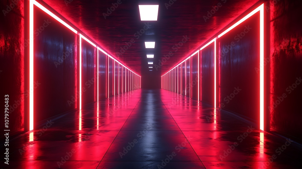 Fototapeta premium Red Neon Lights Illuminate a Futuristic Corridor