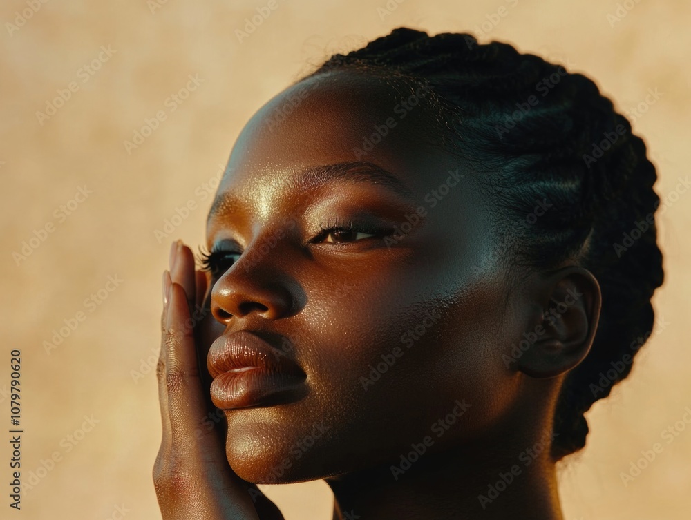 Woman with her hand on her face Woman with her hand on her face