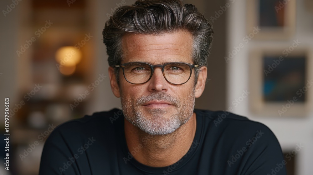 Portrait of a man with glasses and gray hair, exuding confidence and calmness indoors. Portrait of a man with glasses and gray hair, exuding confidence and calmness indoors.