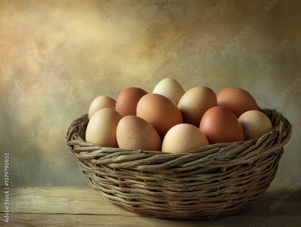 Assortment of fresh eggs in a rustic woven basket Assortment of fresh eggs in a rustic woven basket