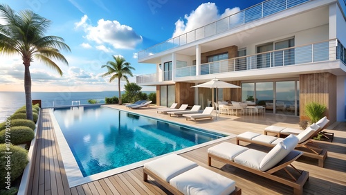 Sea View. A luxury modern white beach hotel with a swimming pool. Sunbed on sundeck for a vacation home or hotel Background