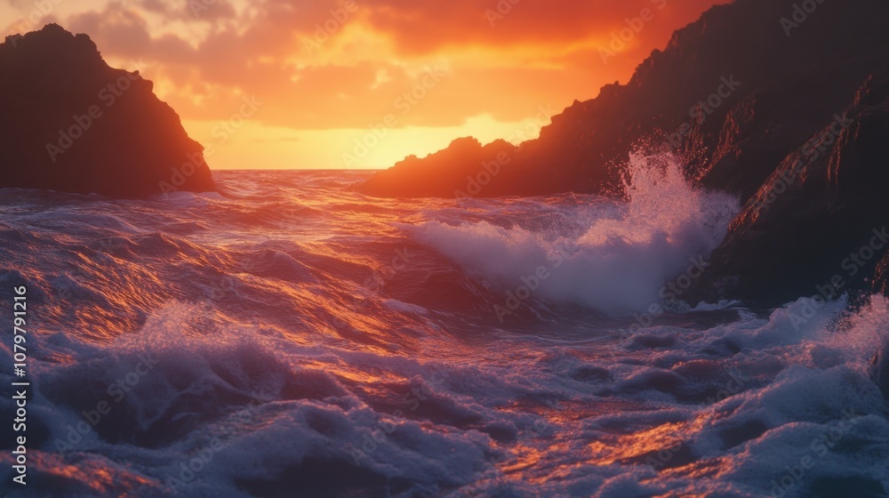 Dramatic sunset over crashing waves and rugged cliffs Dramatic sunset over crashing waves and rugged cliffs