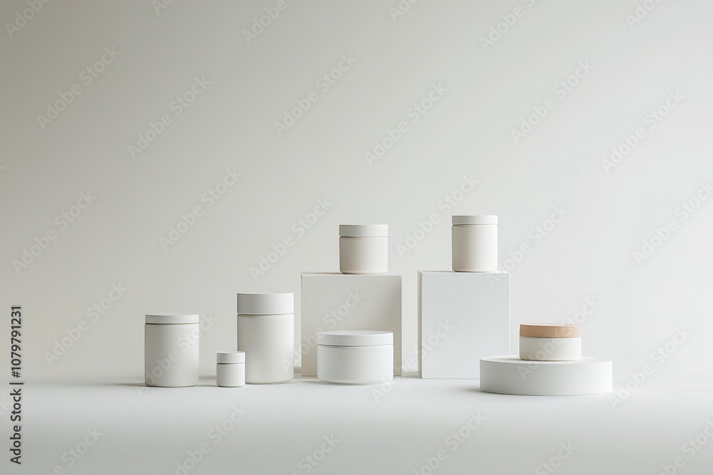 Minimalist display of blank skincare containers in various shapes and sizes, arranged against a soft white background to highlight product packaging design. Minimalist display of blank skincare containers in various shapes and sizes, arranged against a soft white background to highlight product packaging design.