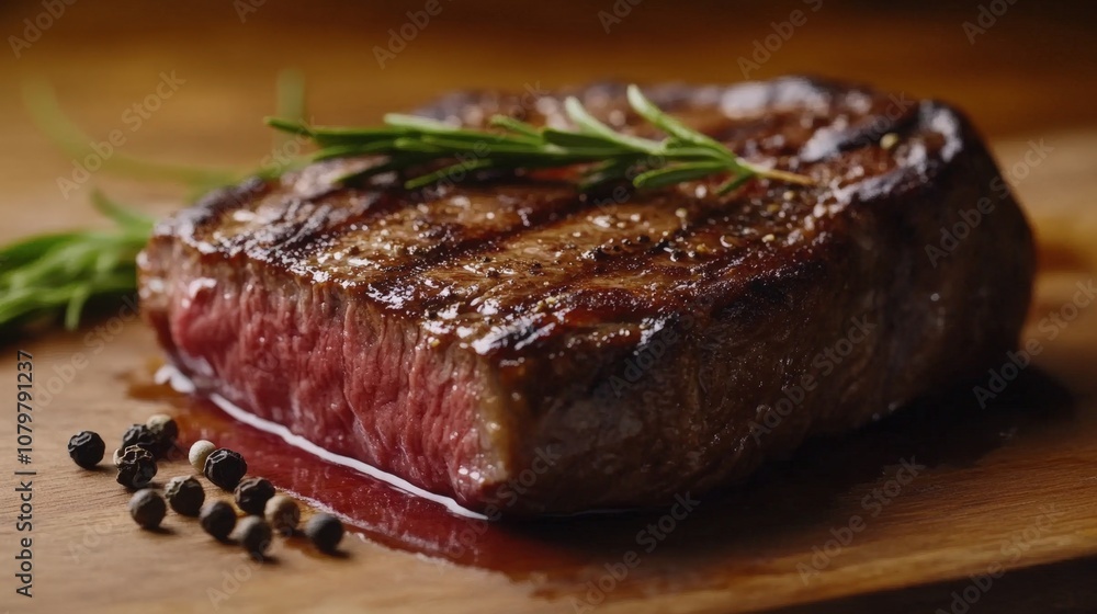 Juicy grilled steak with rosemary and peppercorns on a wooden board Juicy grilled steak with rosemary and peppercorns on a wooden board