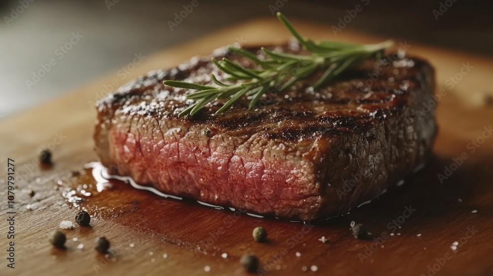 Juicy grilled steak with rosemary garnish on wooden table Juicy grilled steak with rosemary garnish on wooden table