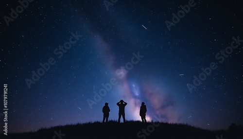 Silhouette of people stargazing on a hill under a sky filled with stars, galaxies, and shooting stars.