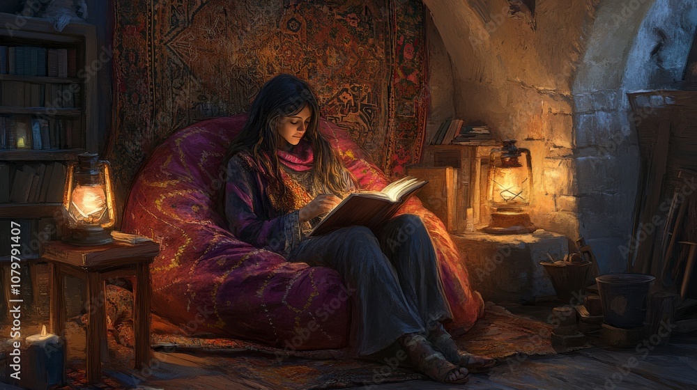 Cozy Reading Nook with Lamp Lighting and Warm Atmosphere in Stone Room Cozy Reading Nook with Lamp Lighting and Warm Atmosphere in Stone Room