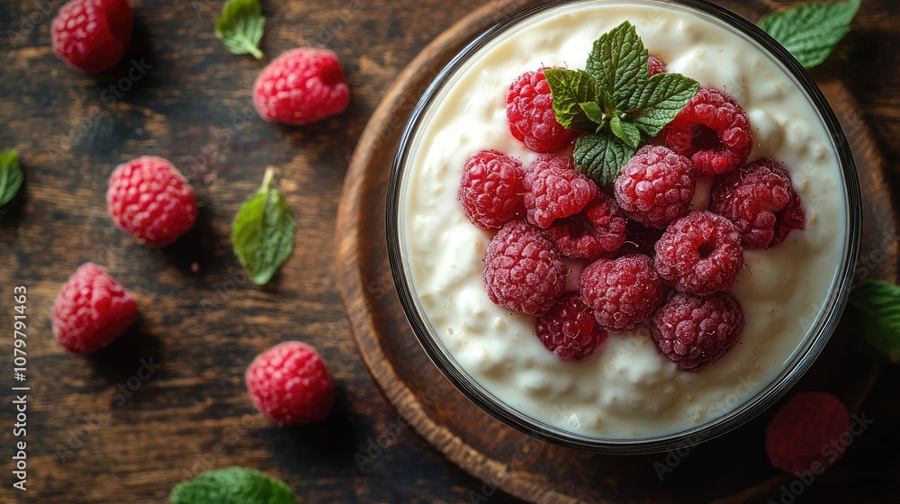 Creamy rice pudding topped with fresh raspberries and mint leaves. Creamy rice pudding topped with fresh raspberries and mint leaves.