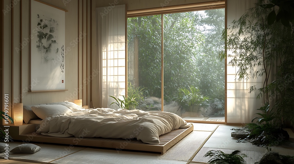 Fototapeta premium A cozy Japandi-style bedroom with a low bed, neutral linen bedding, bamboo decor, and natural textures, evoking a warm and minimalist aesthetic --ar 16:9