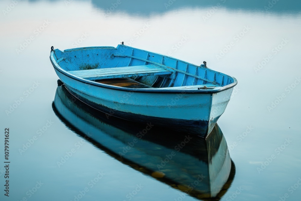 A blue rowboat sits alone on a still lake, its reflection mirrored perfectly in the water. A blue rowboat sits alone on a still lake, its reflection mirrored perfectly in the water.
