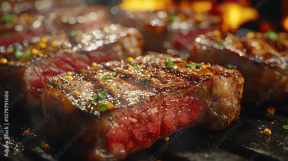 Grill rib steak on metal sheet on cutting board. Image of food. copy space for text. Grill rib steak on metal sheet on cutting board. Image of food. copy space for text.