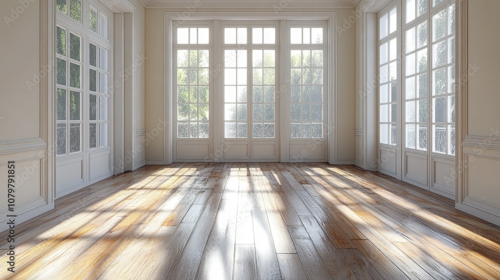 Fototapeta premium Empty room with large windows and wooden floor, sun rays coming through.