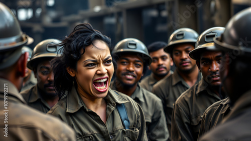 A female worker, with fierce determination, shouts out amidst a group of fellow workers, embodying strength and unity on a gritty, industrial setting. photo