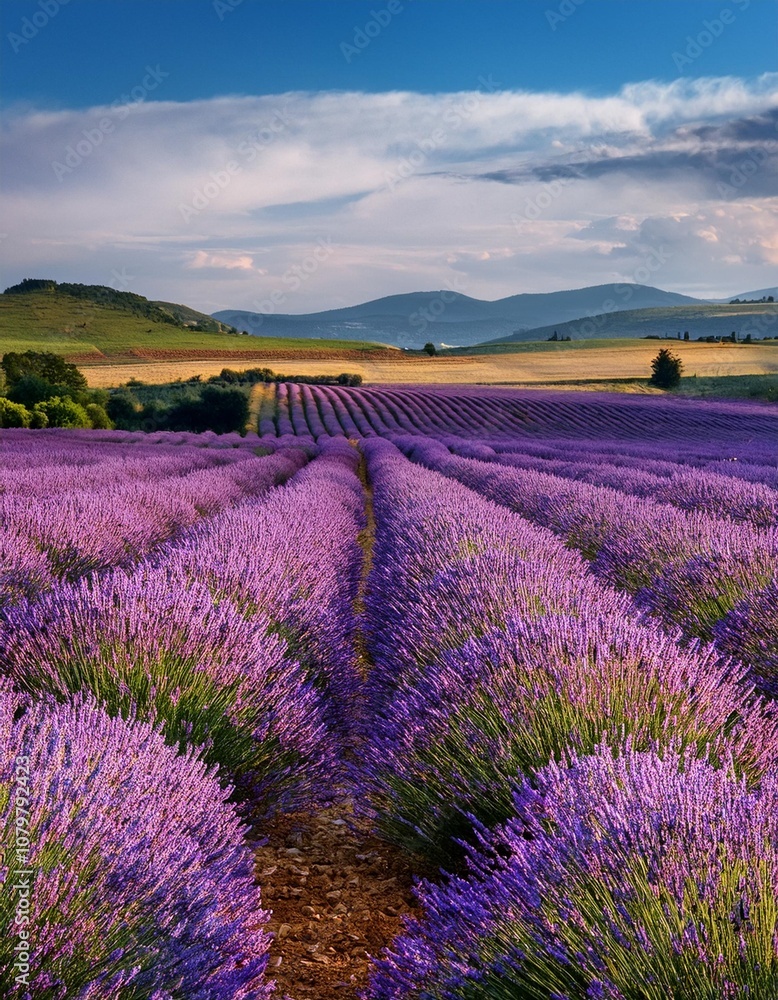Fototapeta premium Endless Lavender Fields in Full Bloom, Stretching Across the Countryside With Rolling Hills in the Distance and a Soft Breeze Carrying the Fragrance Through the Air